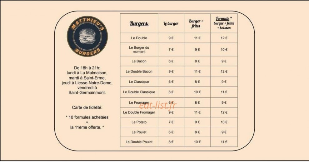 Matthieu's Burgers — carte page 1