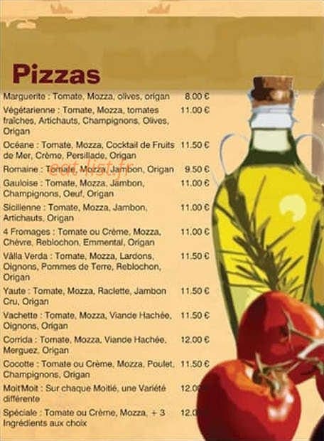 Mia Pizzas — carte page 1