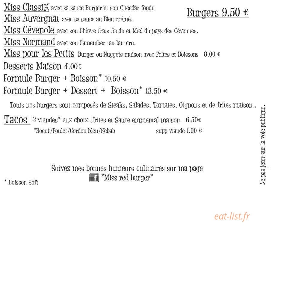Miss red Burger — carte page 1