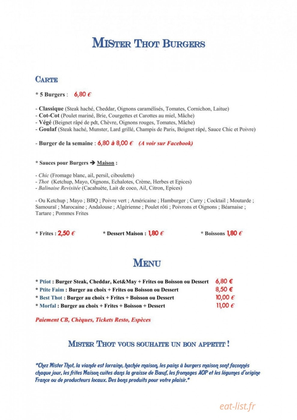 Mister thot burger — carte page 1