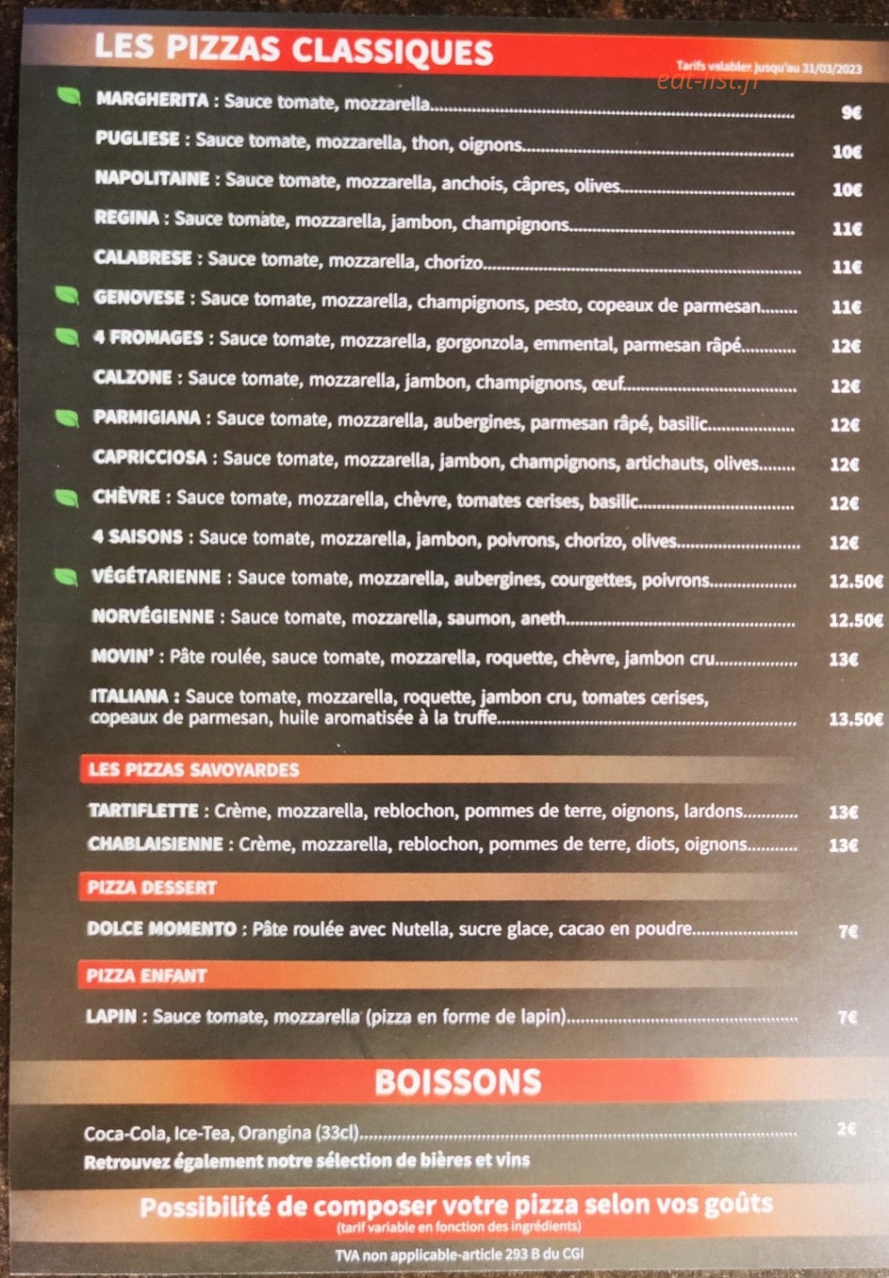 Movin' Pizza — carte page 1
