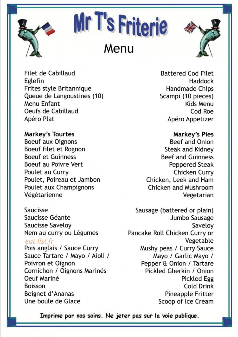 Mr T's Friterie — carte page 1