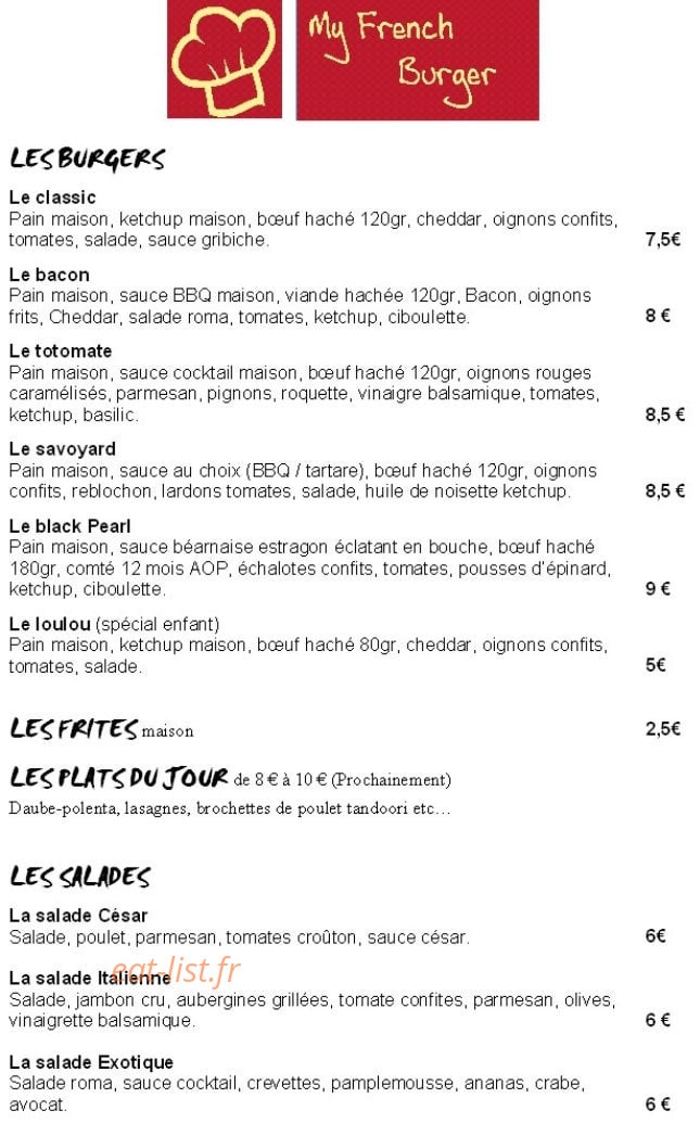 My French Burger — carte page 1
