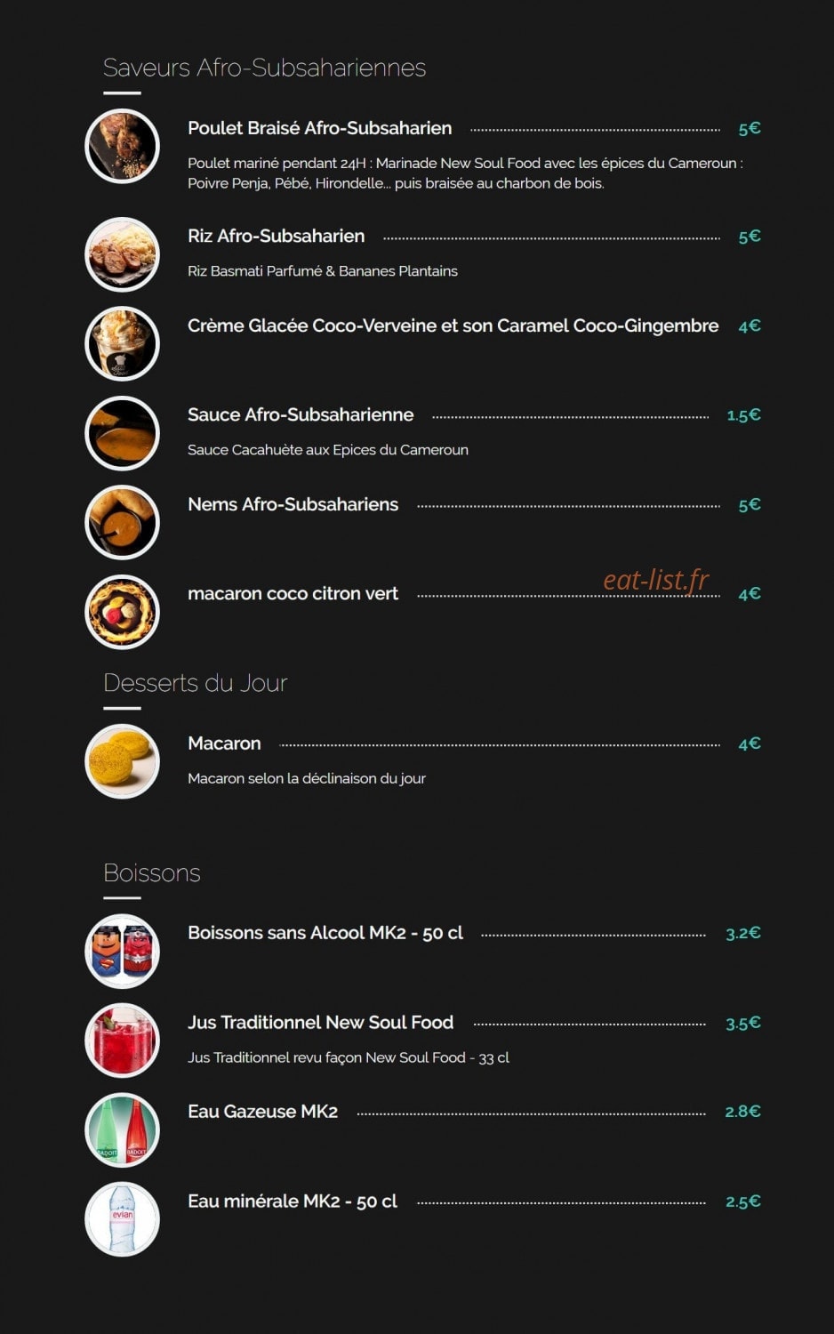 Carte et menu de New Soul Food - Food à Paris 13 — Saveurs Afro-Subsahariennes et Boissons