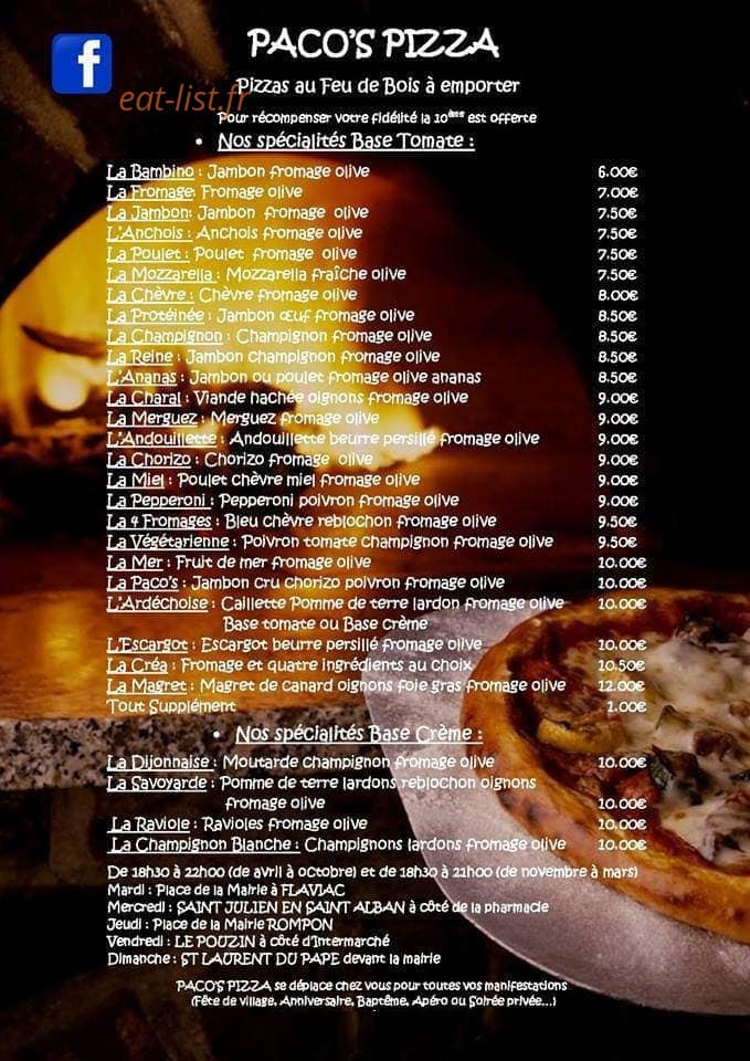Paco's Pizza — carte page 1