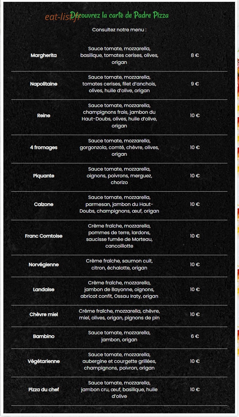 PadrePizza — carte page 1