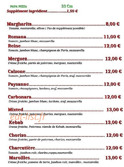 Papa Pizza — carte page 1