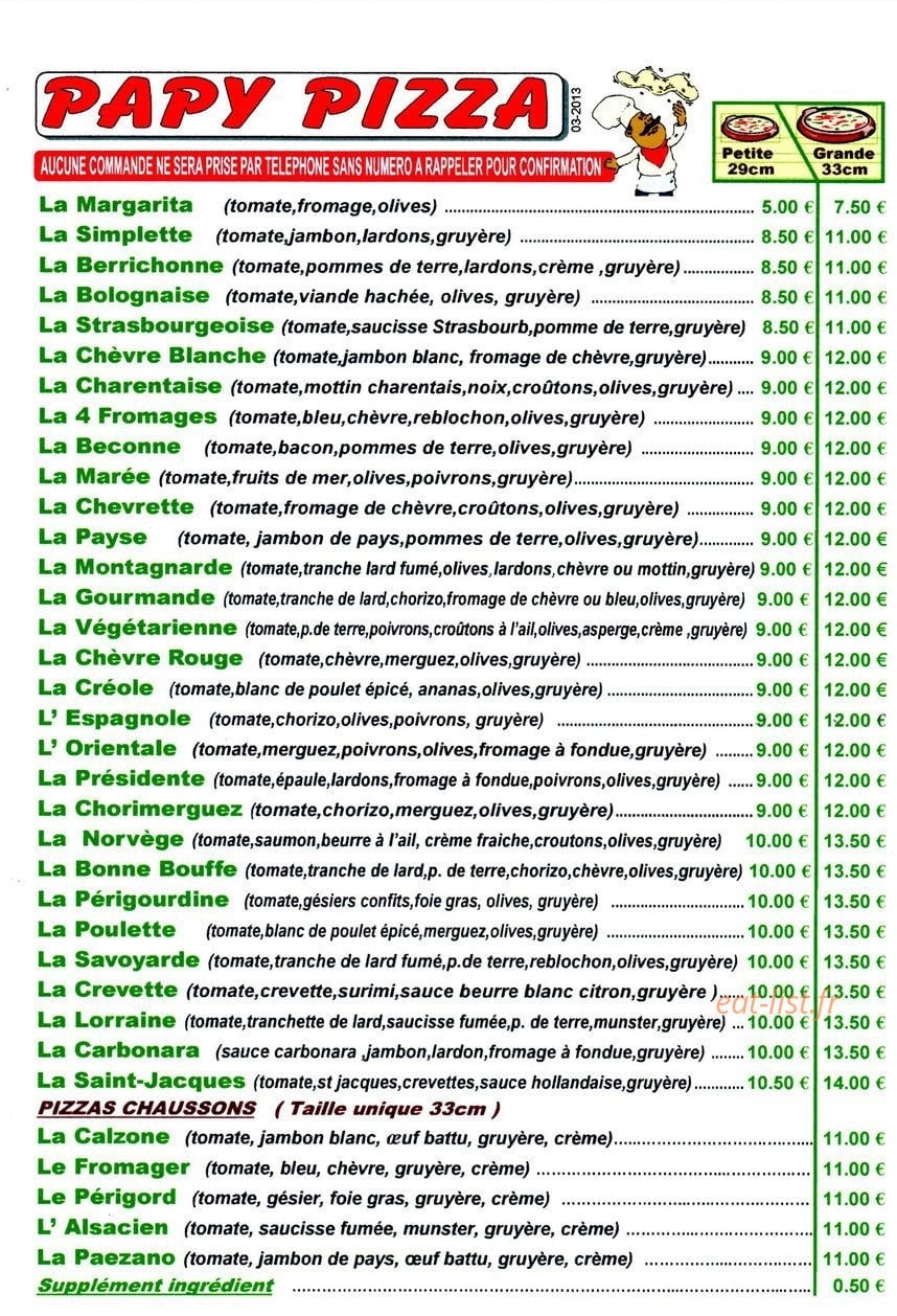 Papy Pizza — carte page 1