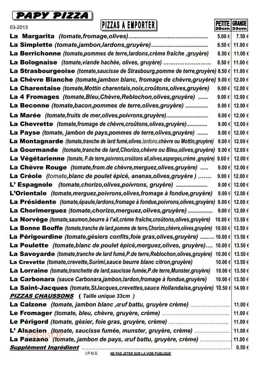 Papy Pizza — carte page 2