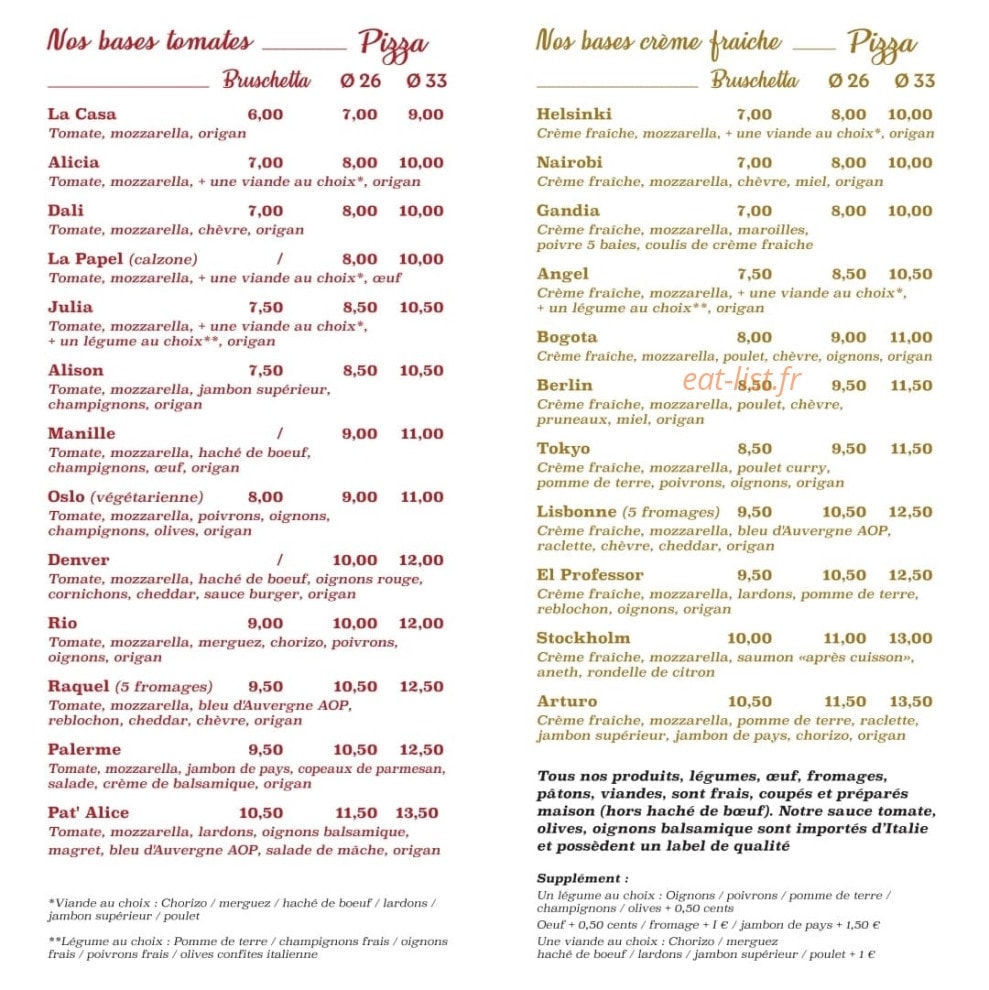 Pat'Alice Pizza — carte page 2