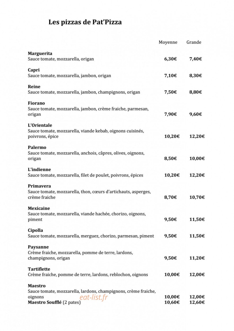 Pat pizza — carte page 1