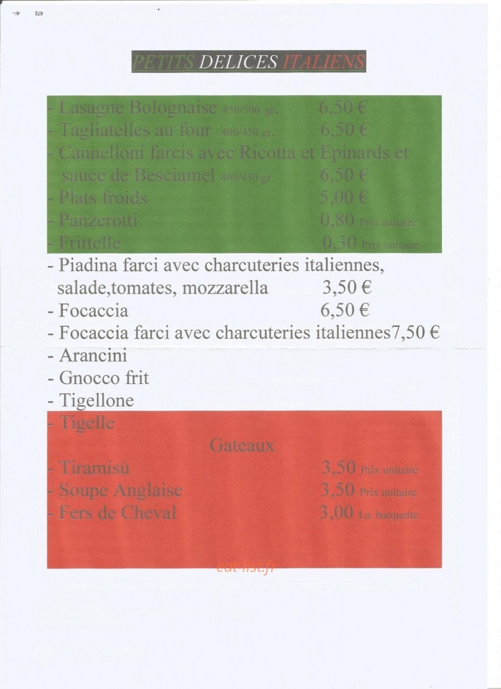 Petits Délices Italiens — carte page 1