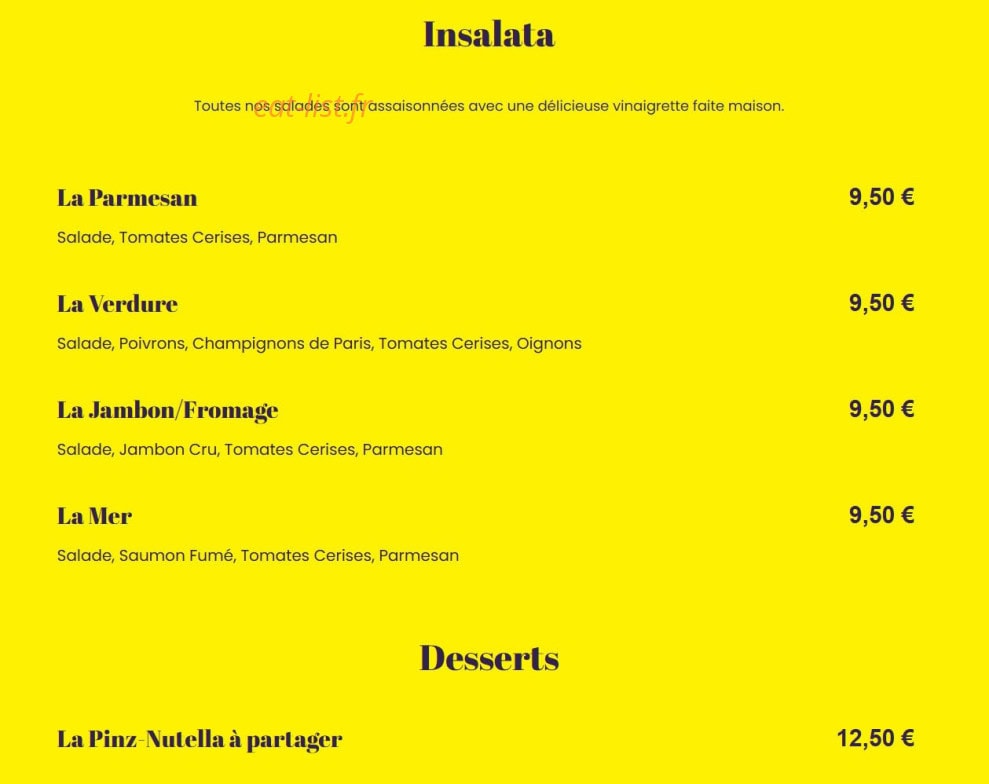 Carte et menu de Pinza Al Forno à Mulhouse — Les insalata, desserts
