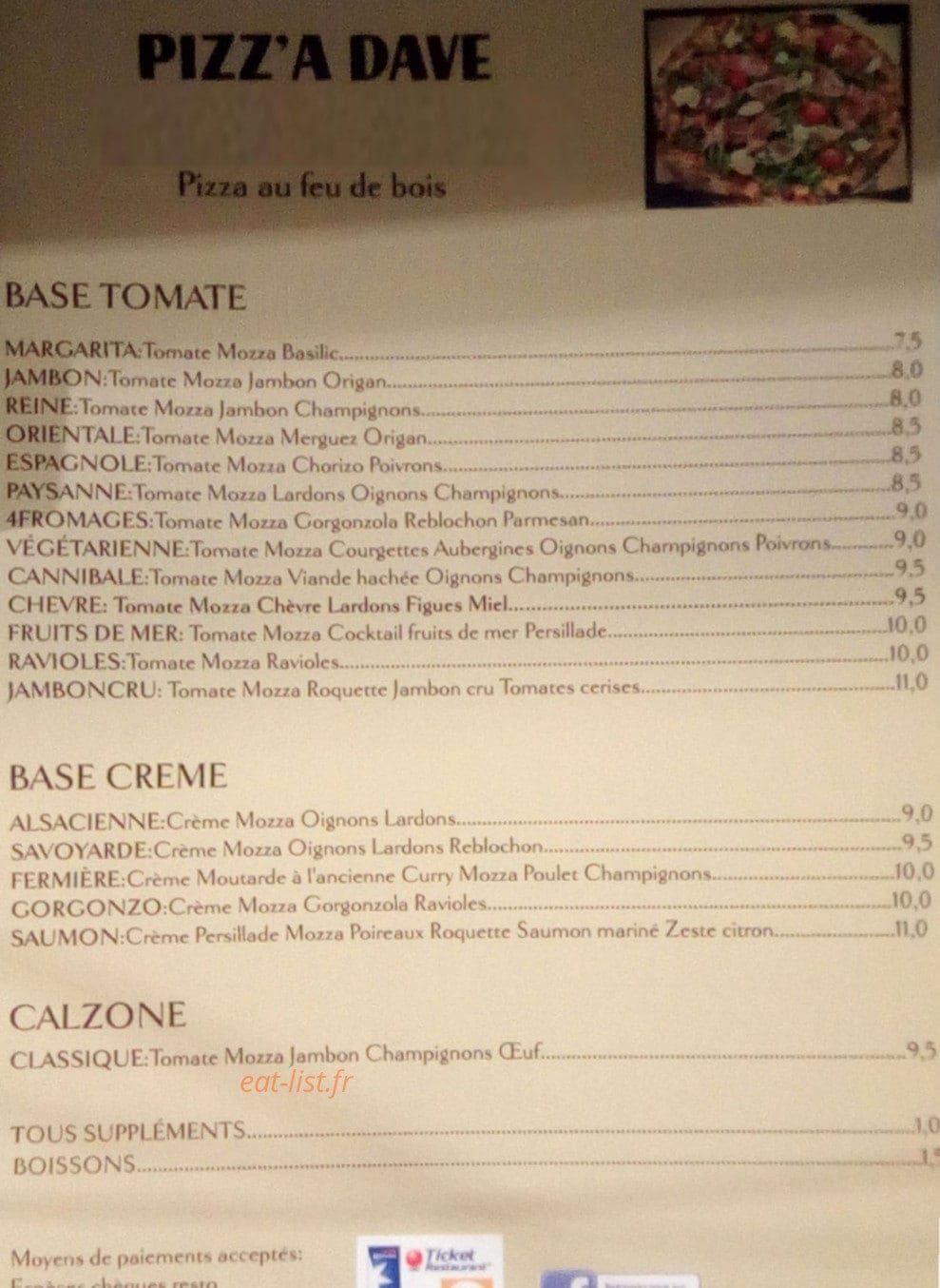 Pizz' a Dave — carte page 1
