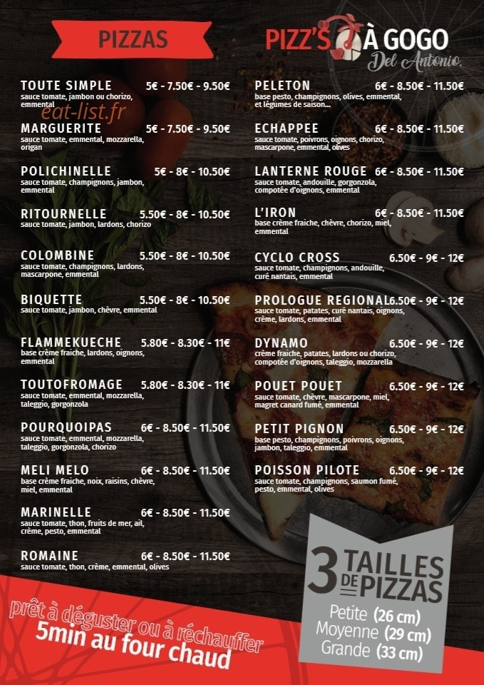 Carte et menu de Pizz's à Gogo del Antonio à Mouzillon — Pizzas