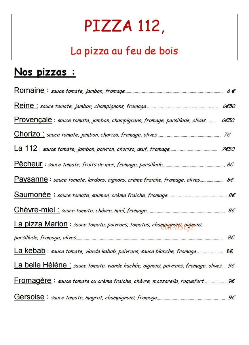Pizza 112 — carte page 1