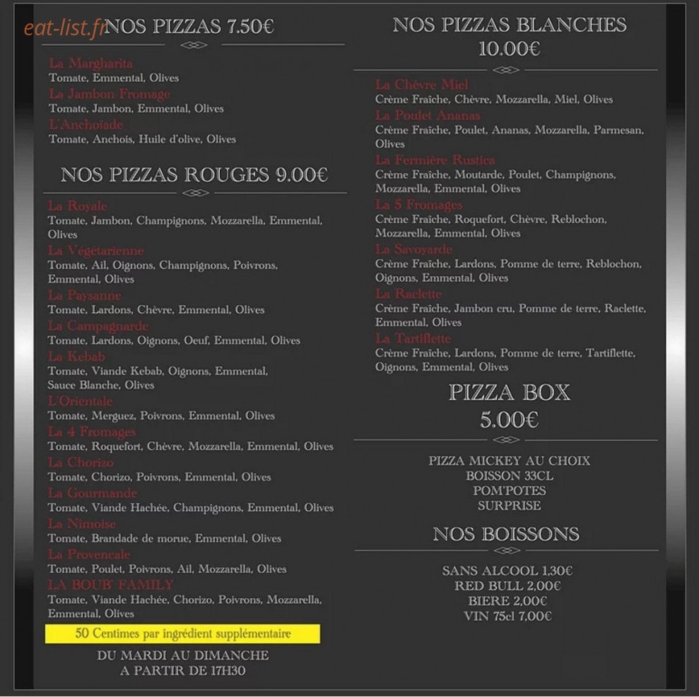 Pizza Boub Family — carte page 1