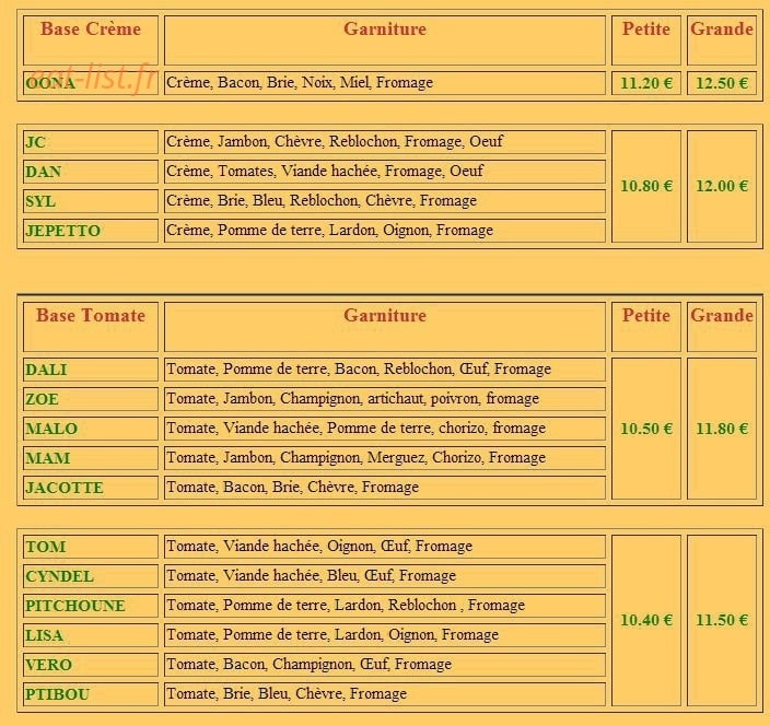 Pizza Calou — carte page 1
