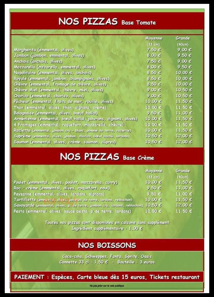 Pizza Chalet Alpin — carte page 1