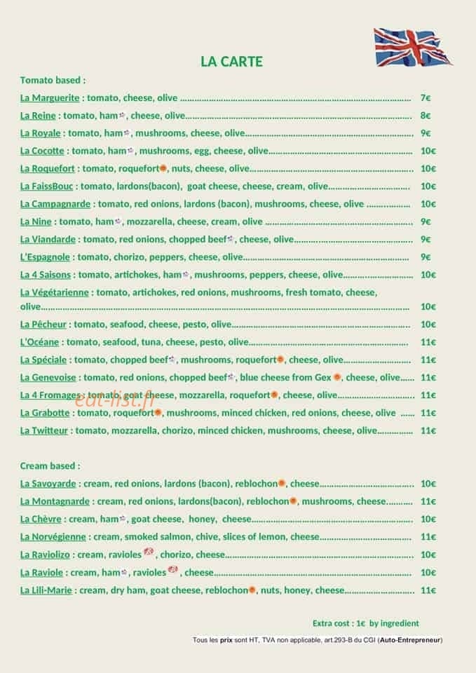 Pizza chez binj ' — carte page 1