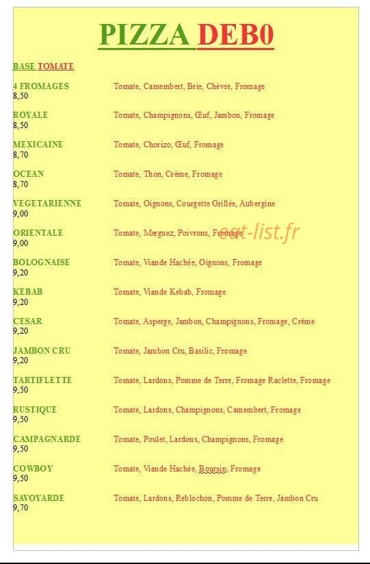 Pizza debo — carte page 1