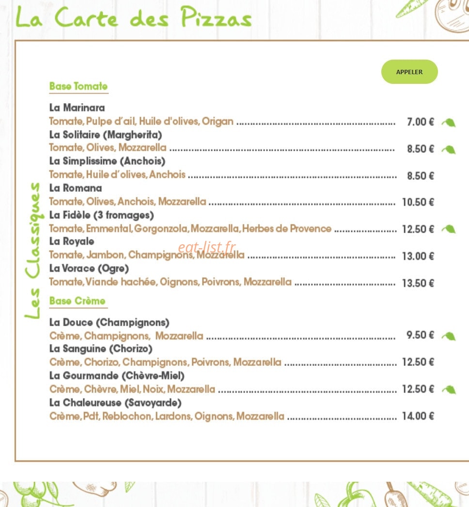 Pizza des Costes — carte page 1