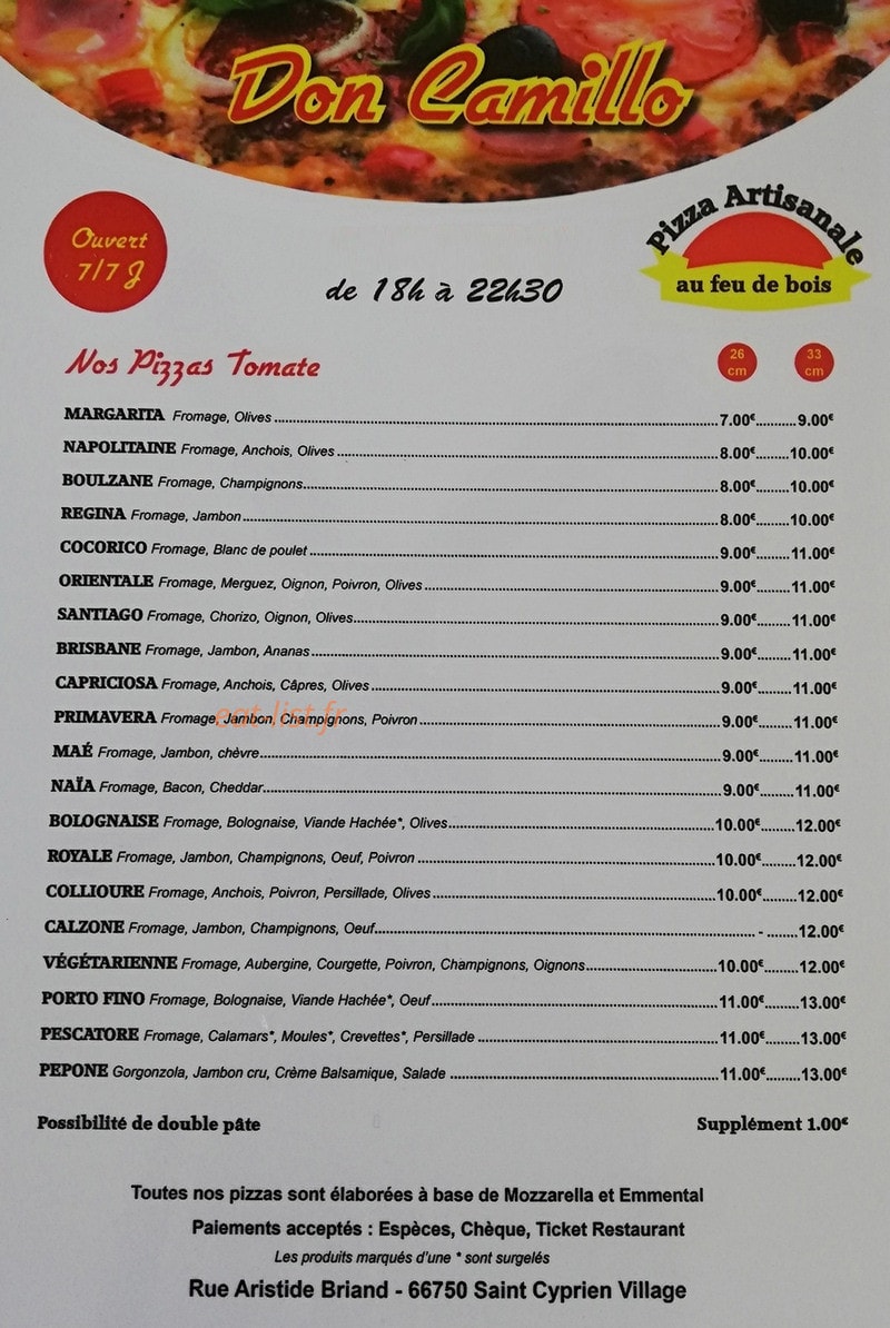 Pizza don camillo — carte page 1