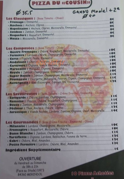 Pizza du Cousin — carte page 1