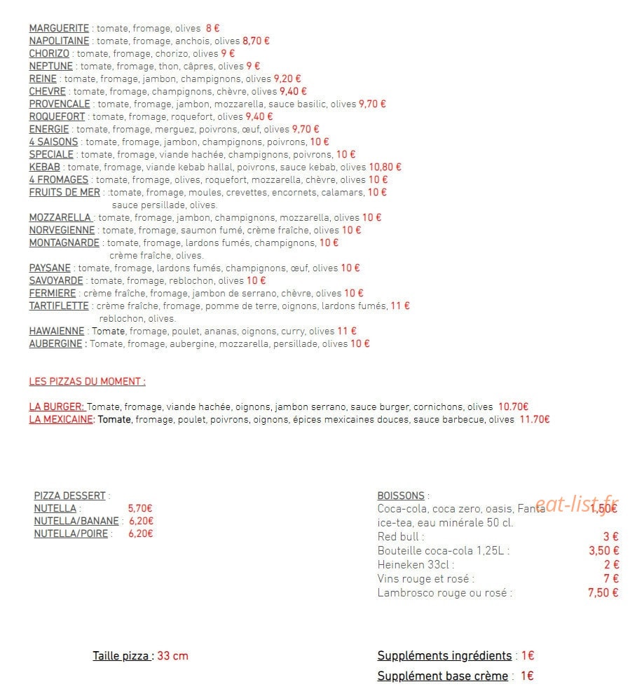 Pizza Energie — carte page 1