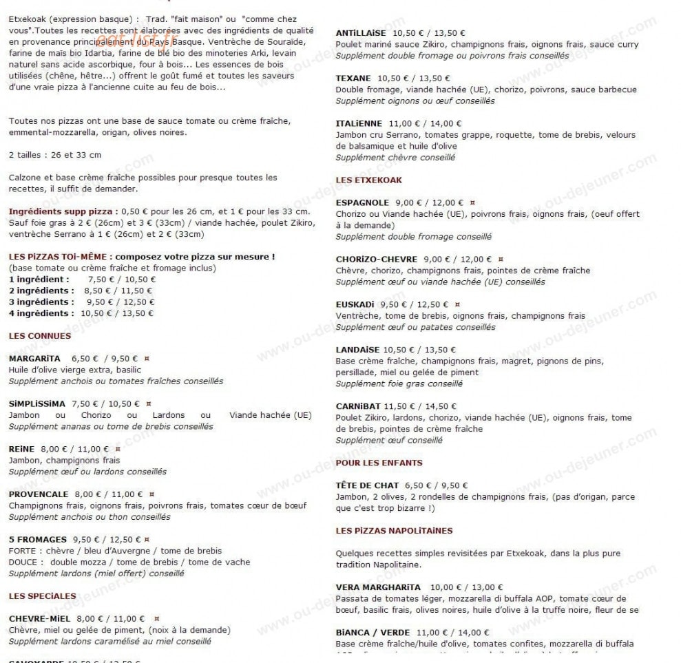 Pizza Etxekoak — carte page 1