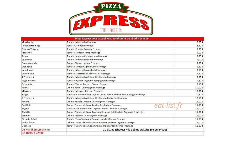 Pizza Express — carte page 1