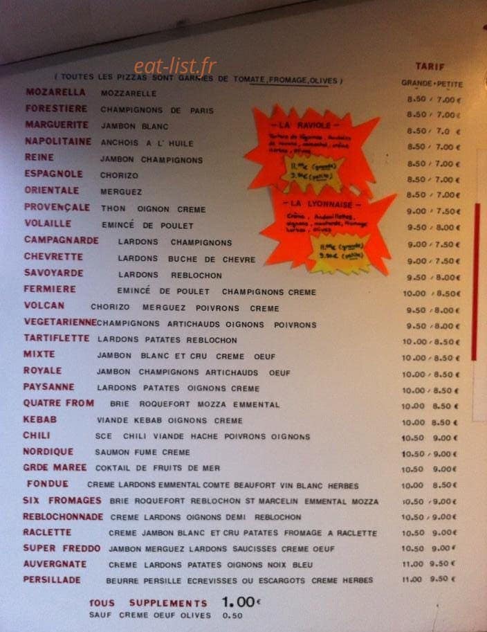 Pizza Freddo — carte page 1