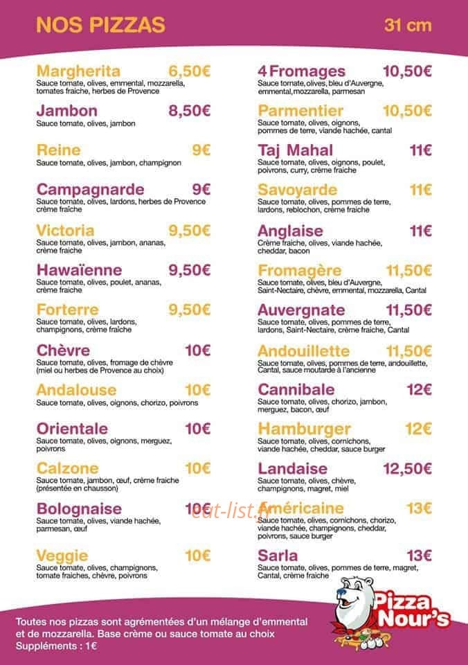 Pizza Nour's — carte page 1