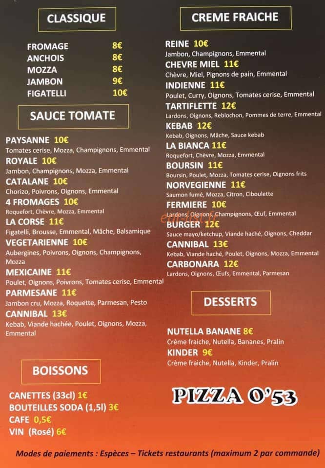 Pizza O’53 — carte page 1