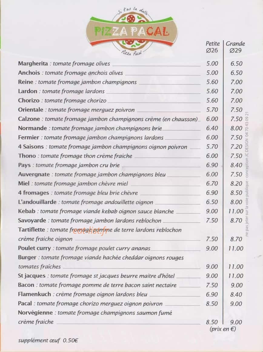 Pizza Pacal — carte page 1