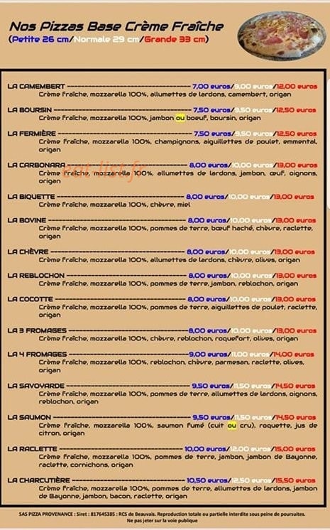 Pizza Provenance — carte page 1