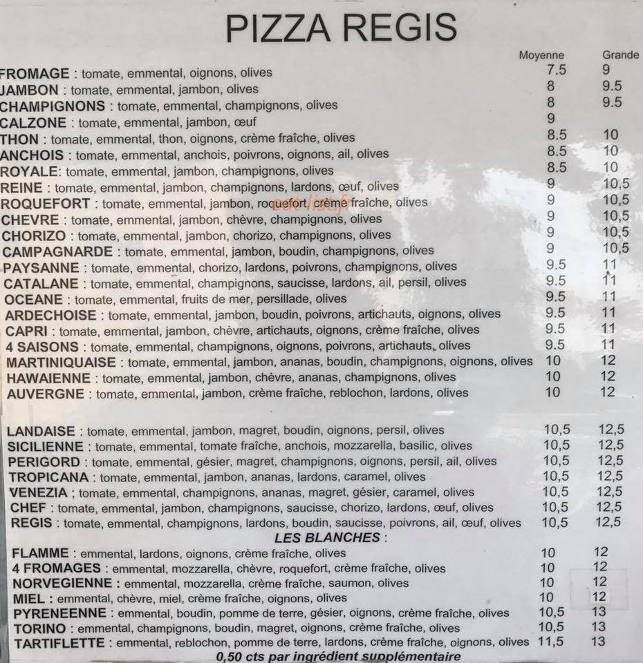Pizza Régis — carte page 1