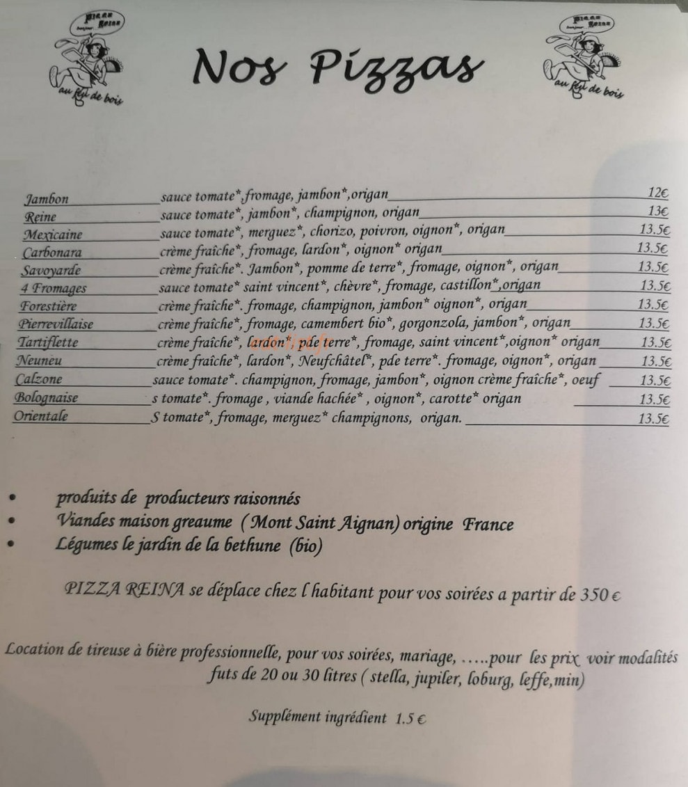 Pizza Reina — carte page 1