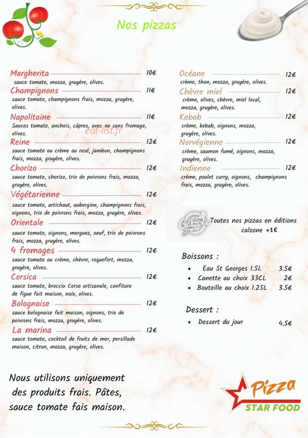 Pizza star food — carte page 1
