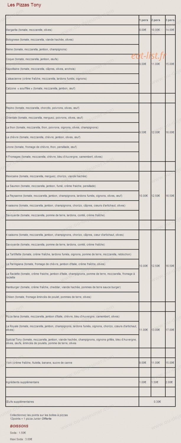 Pizza Tony — carte page 1