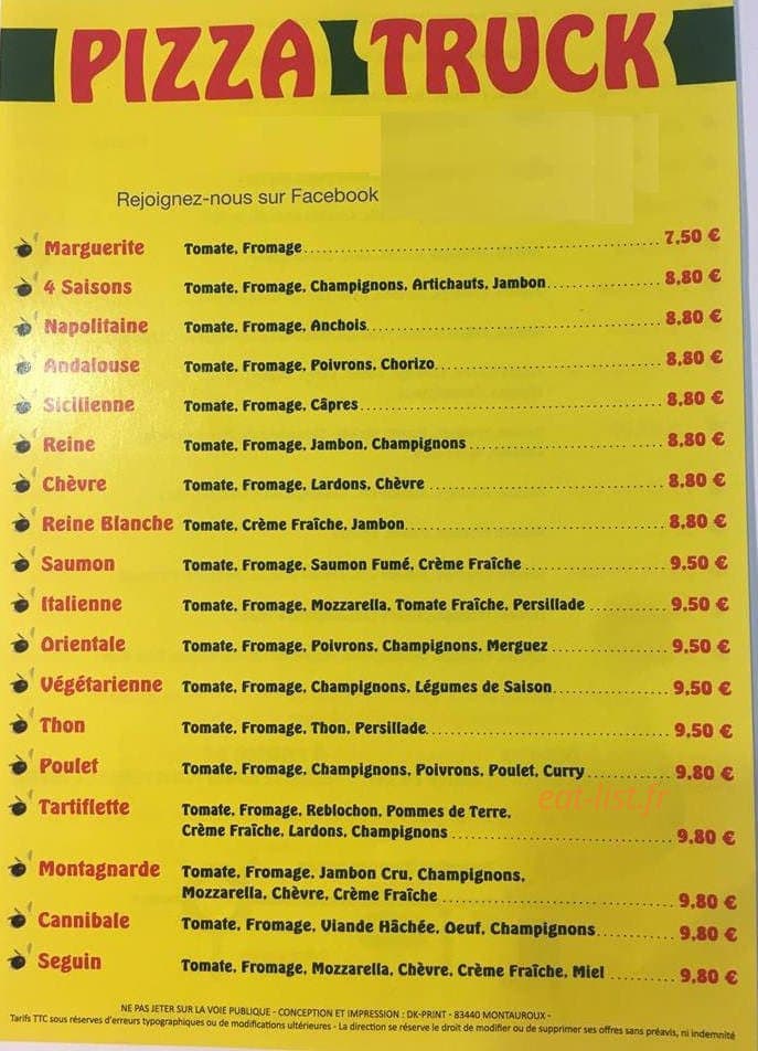 Pizza truck — carte page 1
