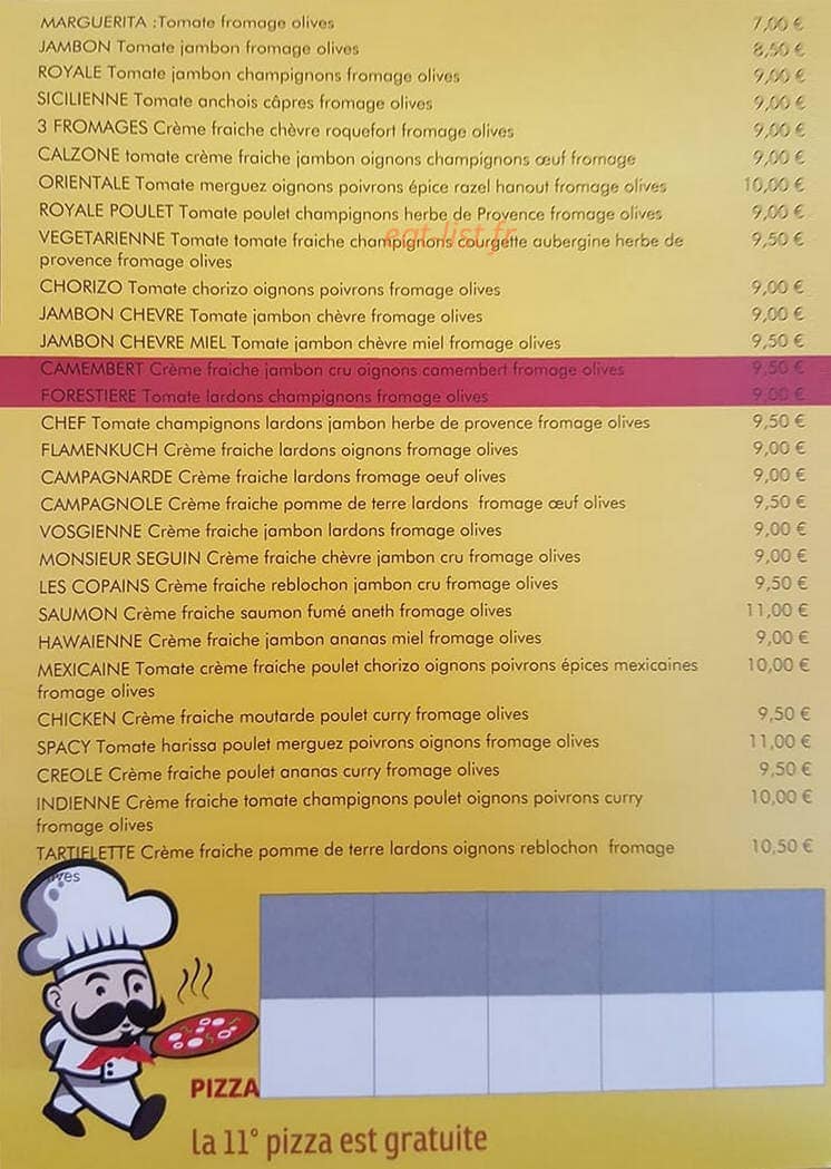 Pizza Val — carte page 1