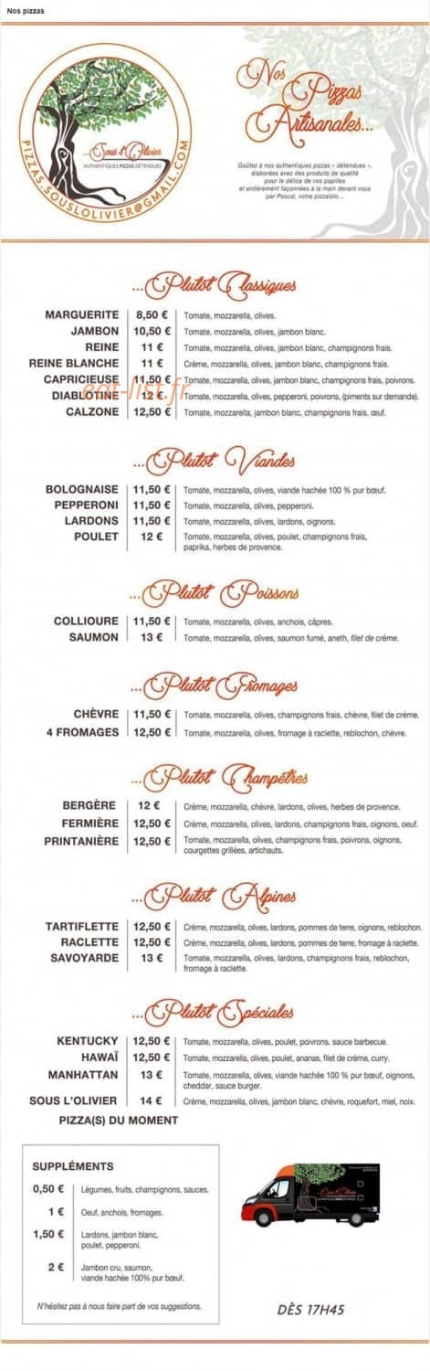 Pizzas Sous L'olivier — carte page 1