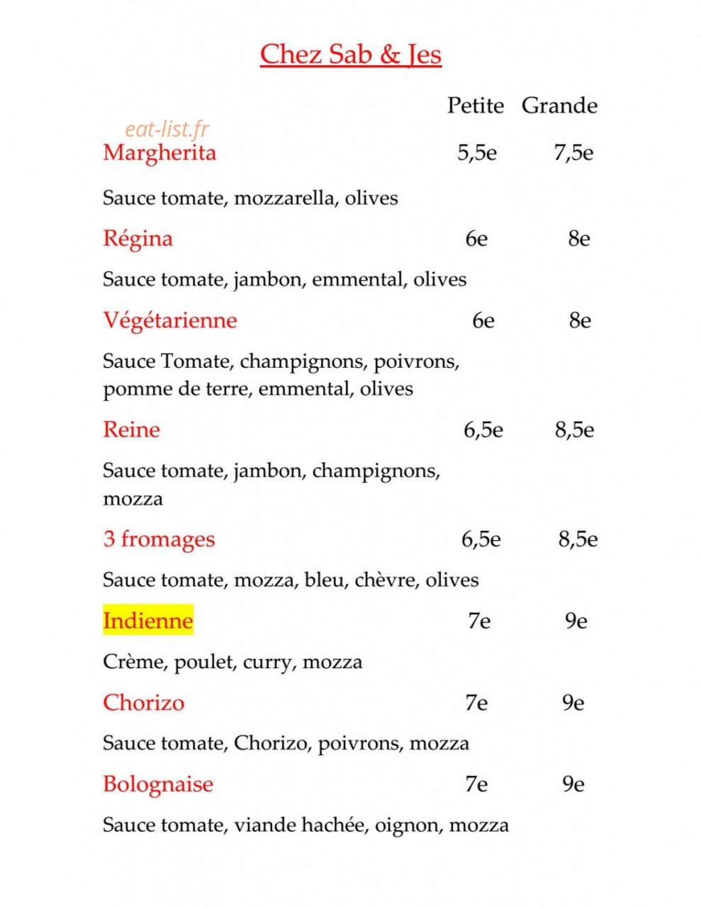 Pizzeria Chez Jes & Sab — carte page 1