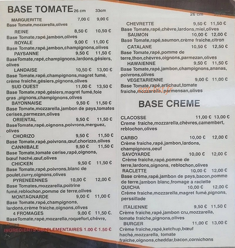 Carte et menu de Pizzeria La Belle Etape à Fauguerolles — Les pizzas