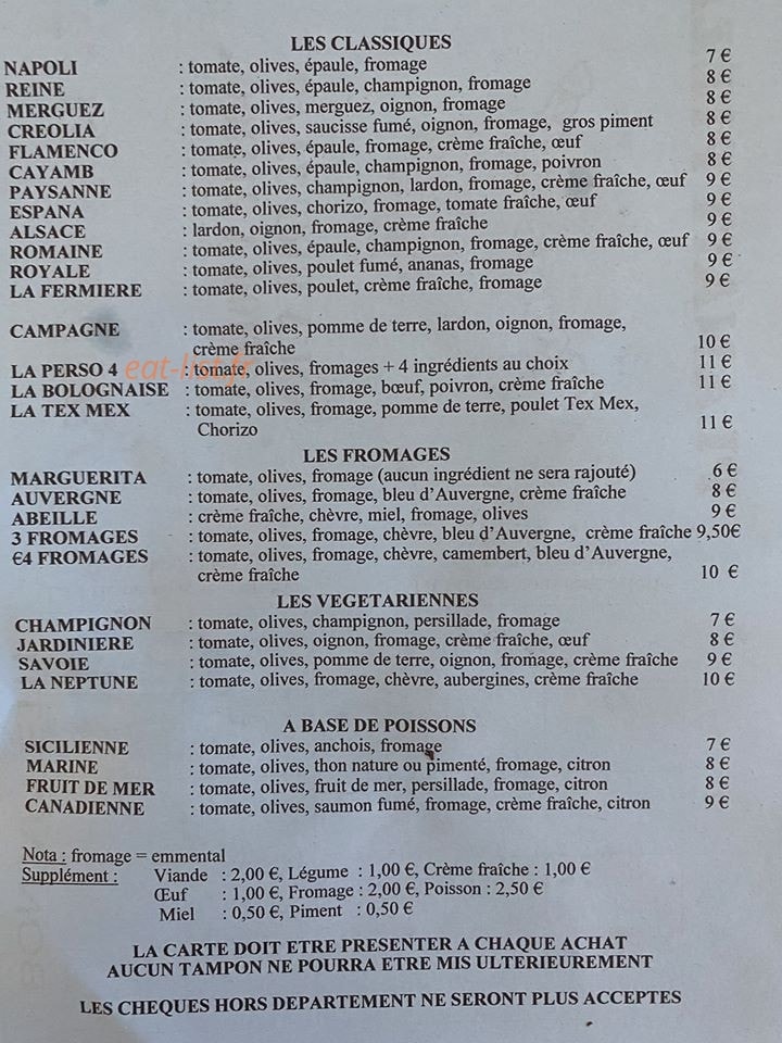 Planait Pizza — carte page 1