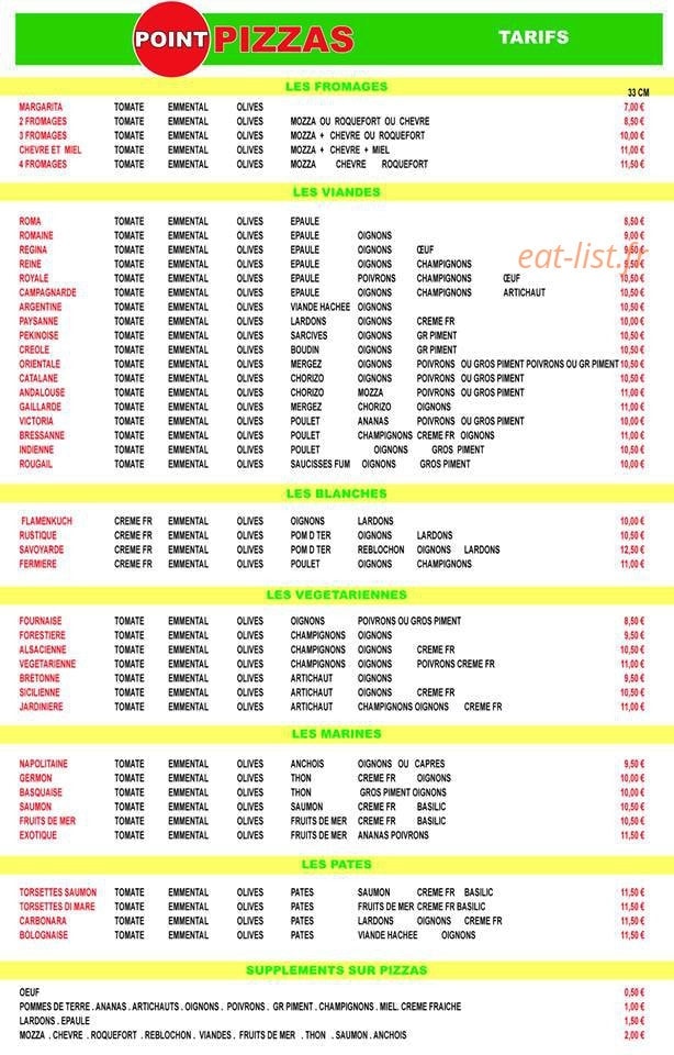 Point Pizzas — carte page 1