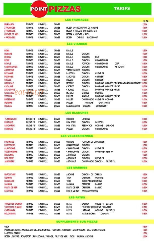 Point Pizzas — carte page 1