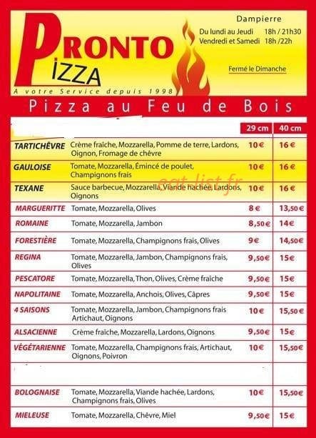 Pronto Pizza — carte page 1