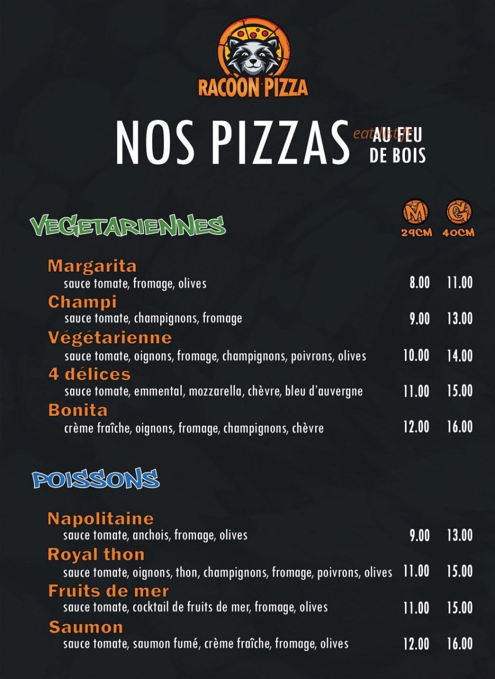 Racoon Pizza — carte page 1